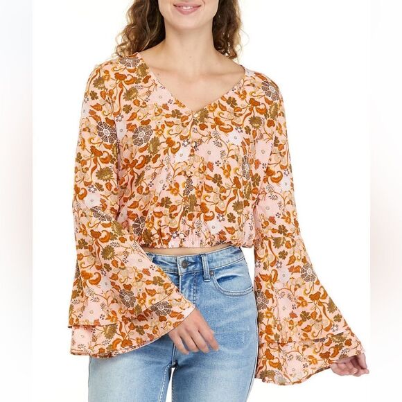 Juniors' Long Bell Sleeve Surplice Top - Picture 1 of 6